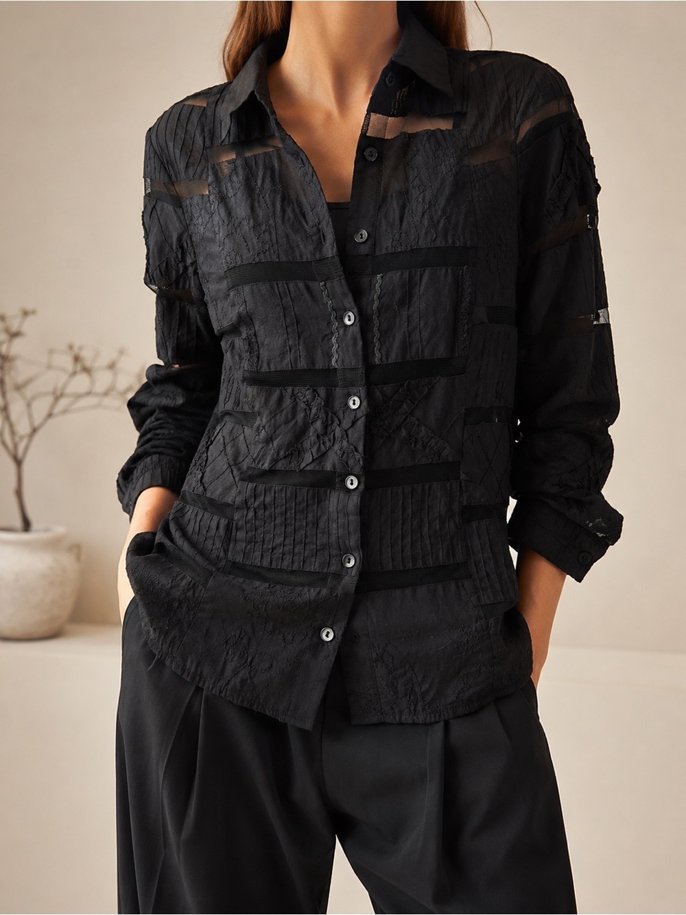 WD.NY Black Patchwork Sheer Button-Up Shirt Quiet Luxury 90s Minimalism